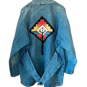 Vintage Sundance Denim Southwestern Concho Teal Aztec Print Acid Wash Coat USA L